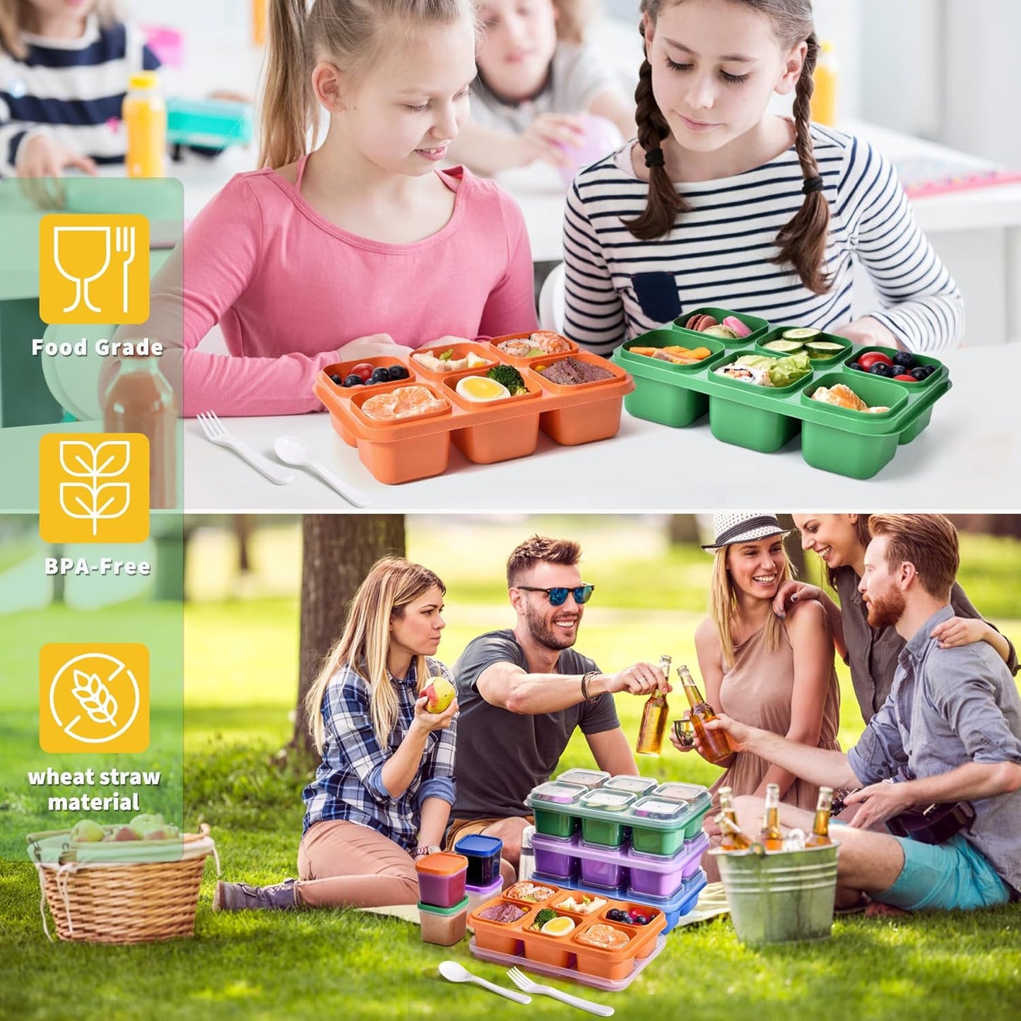 4-Pack Bento Box & Snack Containers for Kids & Adults | 6-Compartment with 4 Sauce Cups | BPA-Free, Dishwasher Safe | Ideal for School, Office, Picnic & Travel (38oz/1100ml)