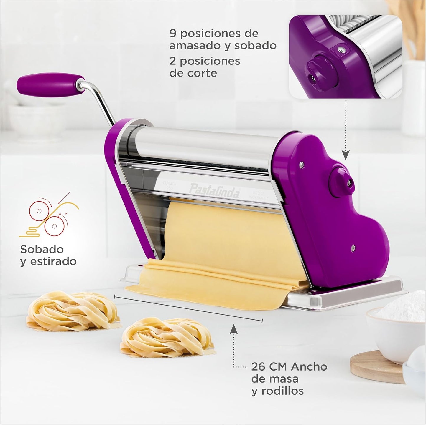 PASTALINDA Classic 260 Pasta Maker Machine, 26 cm Wide Rollers, 9 Thickness Positions, 2 Cutting Positions, Stainless Steel. Includes Reinforced Hand Crank And Two Clamps (Violet)