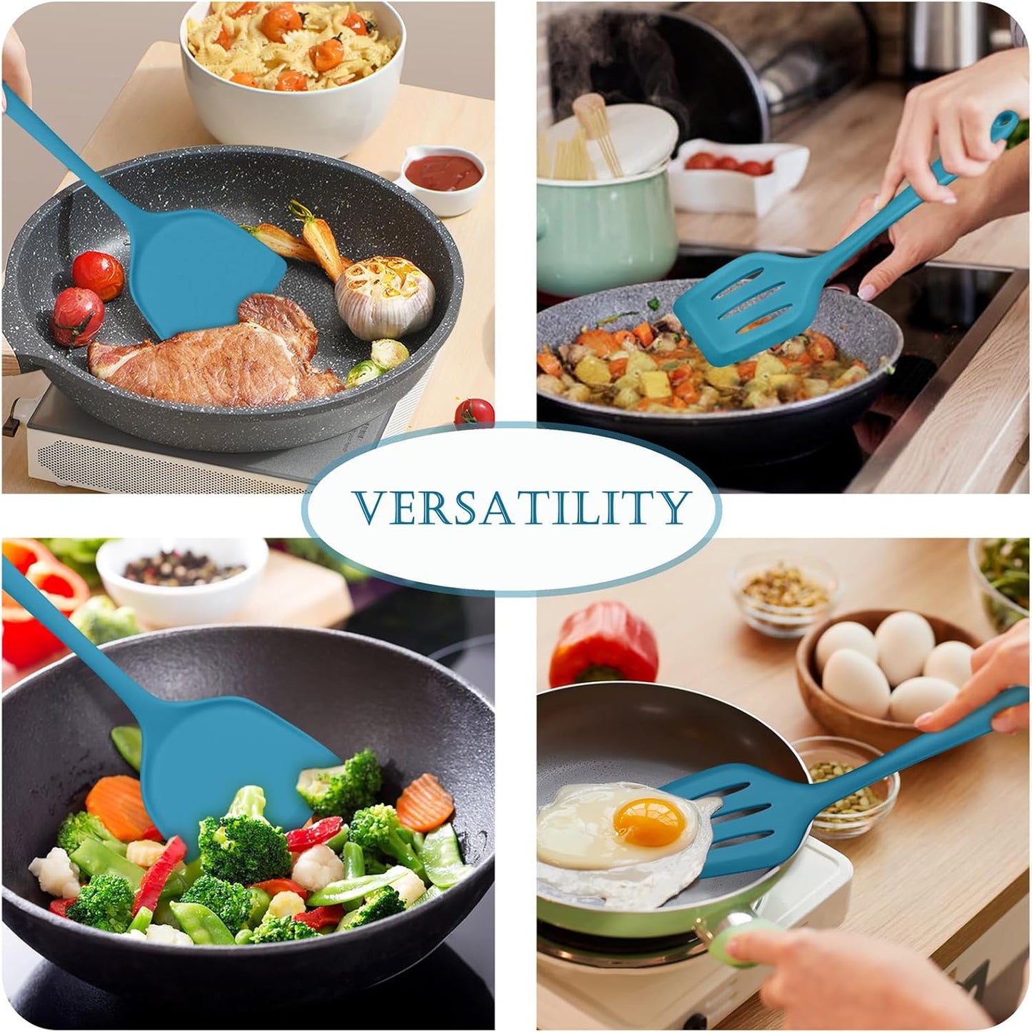 TeamFar Silicone Spatulas Set of 2, Solid & Slotted Cooking Turner for Non-stick Cookware, for Flipping/Turning/Frying, Healthy & Seamless, Heat-Resistant & Non-Scratch, Dishwasher Safe, Dark Blue