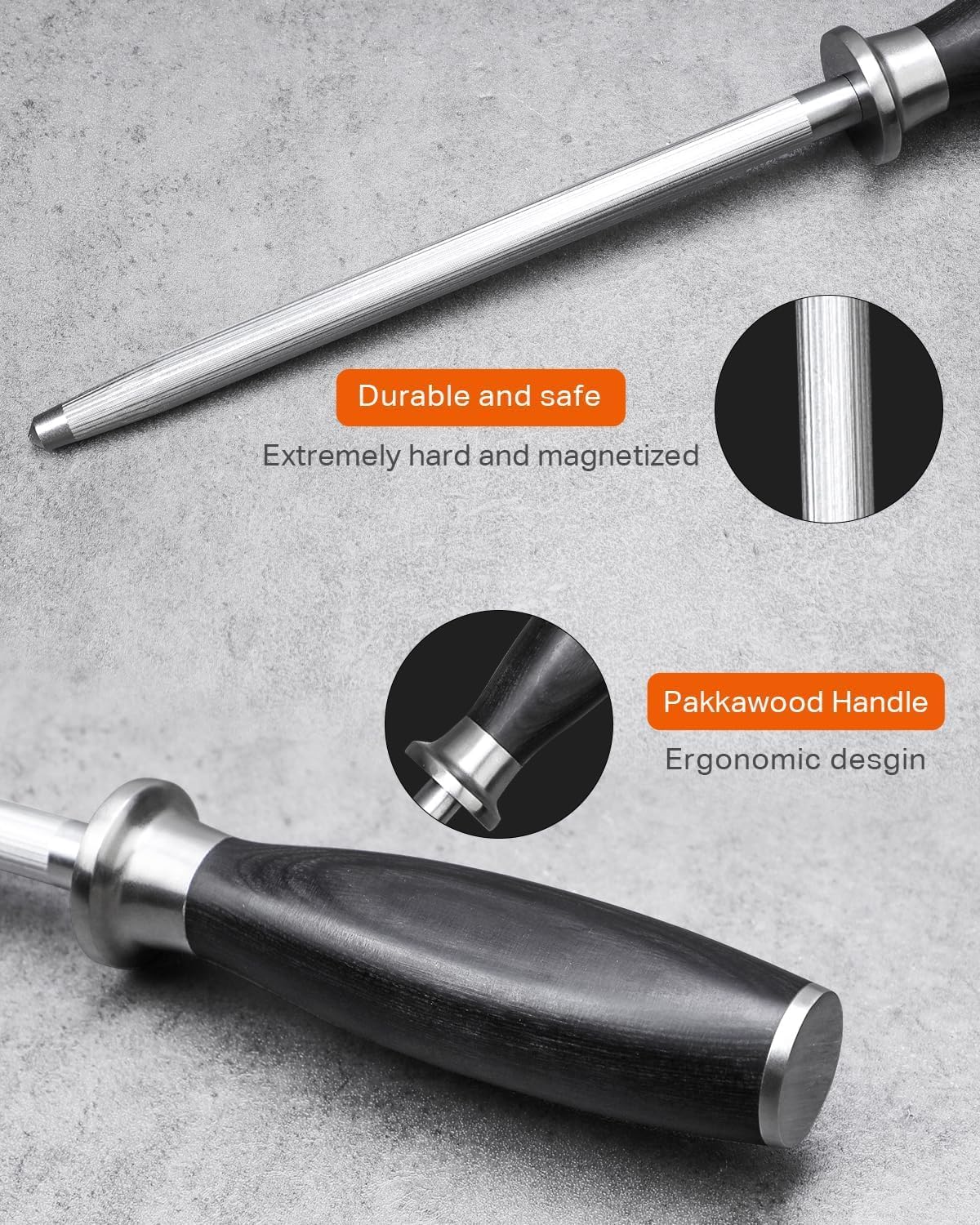 TUO Honing Rod, Knife Sharpening Rod 8 Inch, High Carbon German Steel Knife Sharpener with Ergonomic Pakkawood Handle, Premium Honing Steel for Kitchen Knives Blade Maintenance, Black Hawk Series