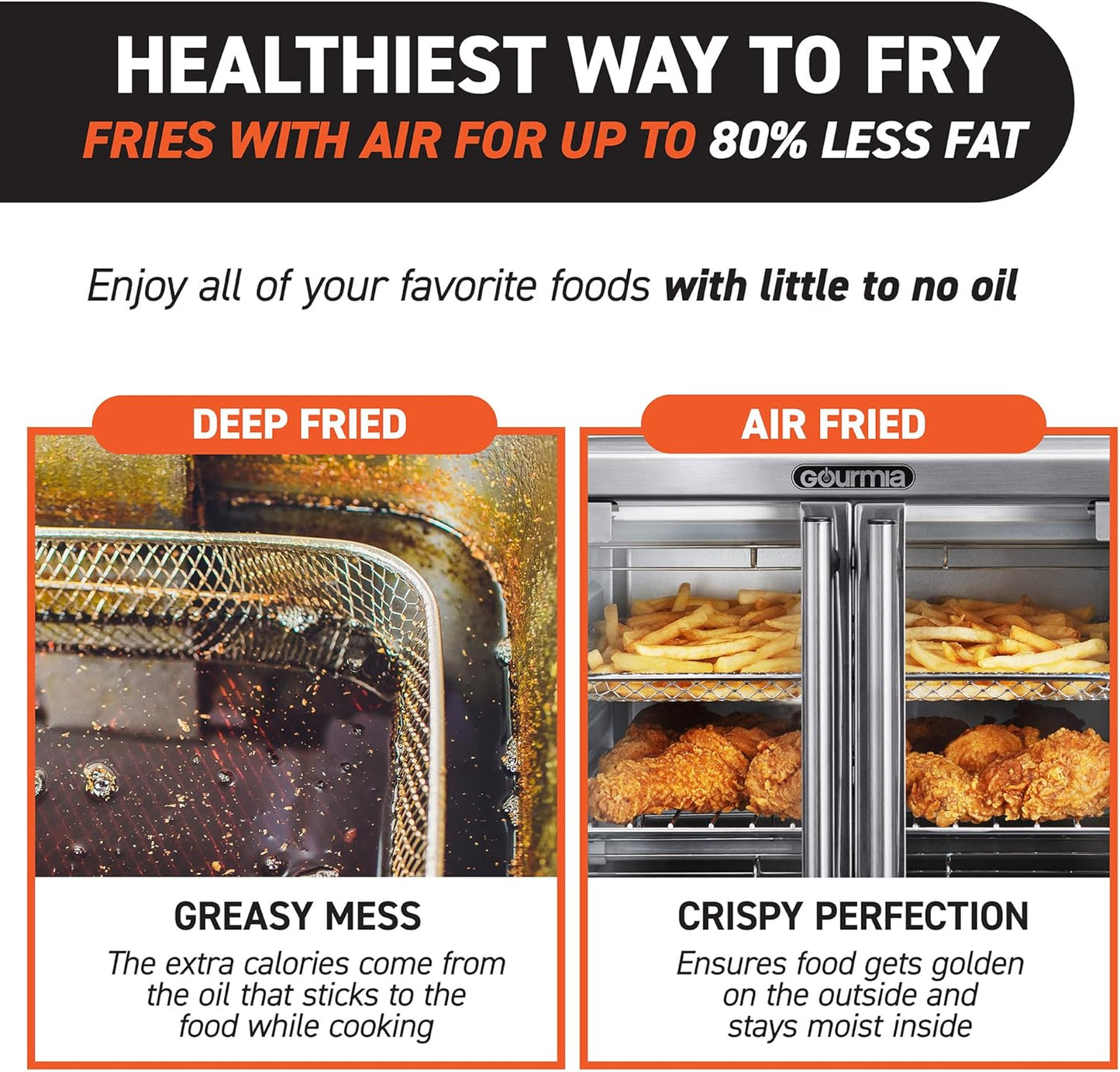 Gourmia Toaster Oven Air Fryer Combo 17 cooking presets 1700W french door digital air fryer oven 24L capacity accessories, convection rack, baking pan tray recipe book GTF7655,Large,Stainless Steel