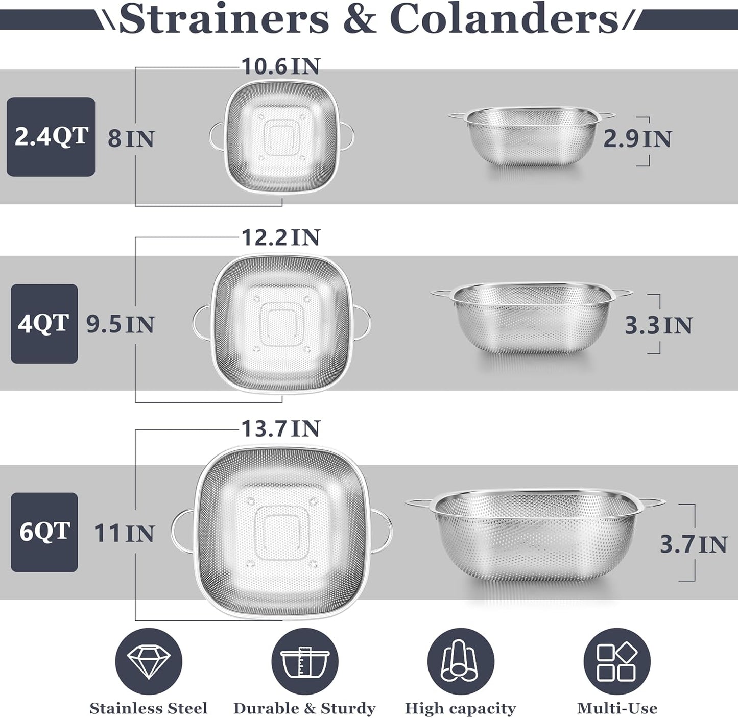 E-far 3 Pack Colander for Kitchen, Square Stainless Steel Metal Strainer Colander with Handle for Draining Food Pasta Vegetable, Micro-Perforated & Elevated Feet, Dishwasher Safe(2.4/4/6QT)