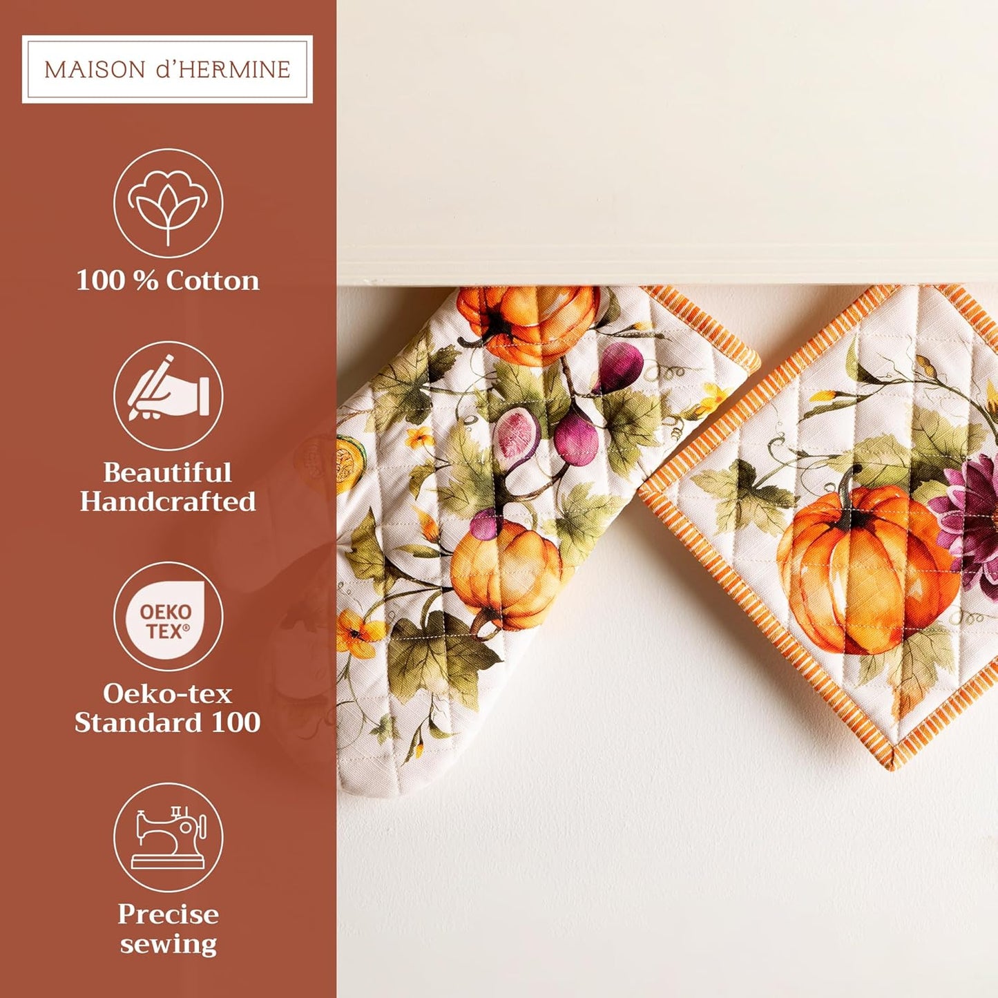 Maison d' Hermine 100% Cotton Oven Mitt & Pot Holder Set (7.5"x13" & 8"x8") Heat Resistant BBQ Cooking Gloves with Loop, Baking, Grilling, Kitchen, Handling Hot Pans (Pumpkin Garden - Cloudy Cream)