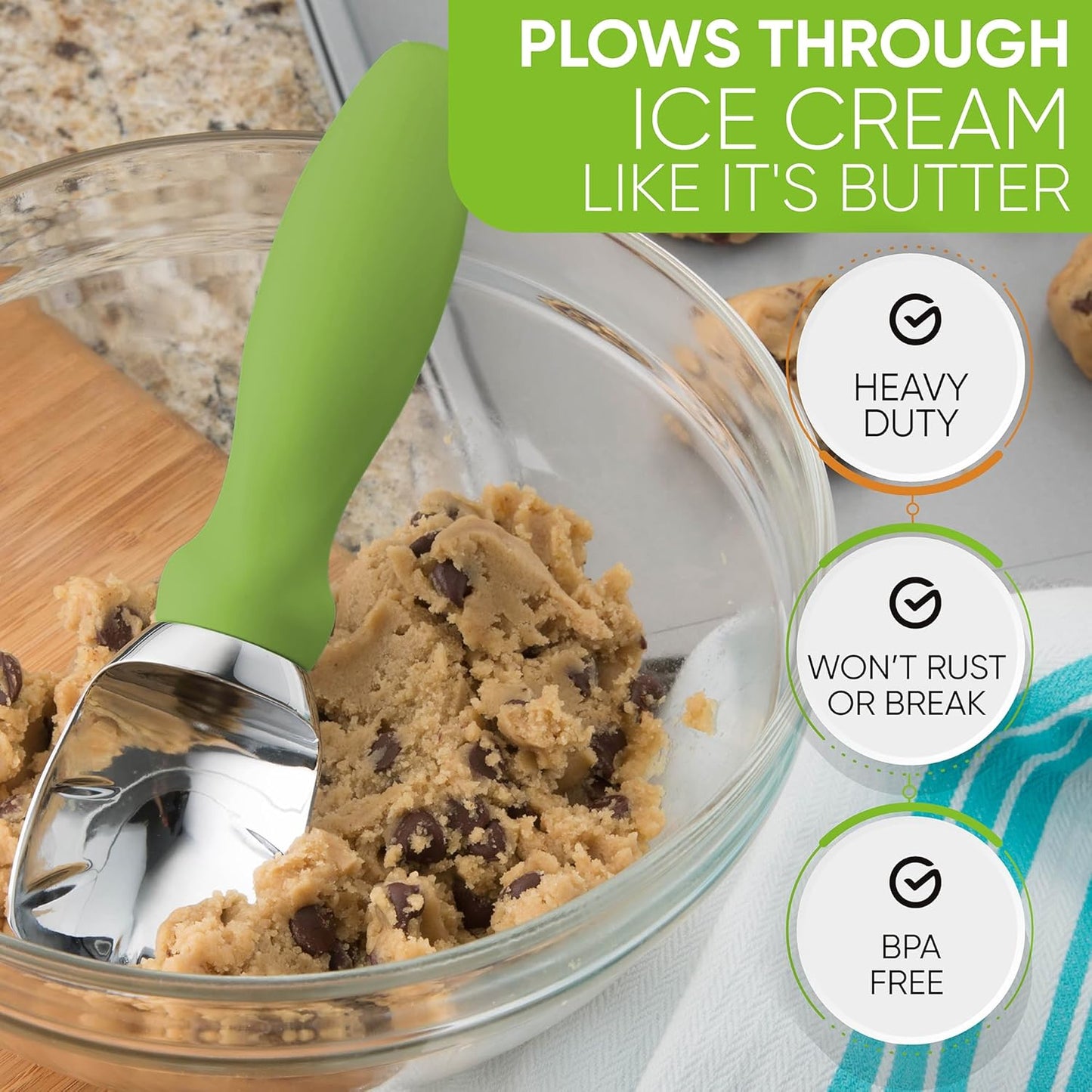 Spring Chef Green Heavy Duty Ice Cream Scoop with Non-Slip Handle - Professional Metal Ice Cream Scooper for Cookie Dough, Frozen Yogurt, Gelato, Sorbet, Melon - Dishwasher Safe Kitchen Tool