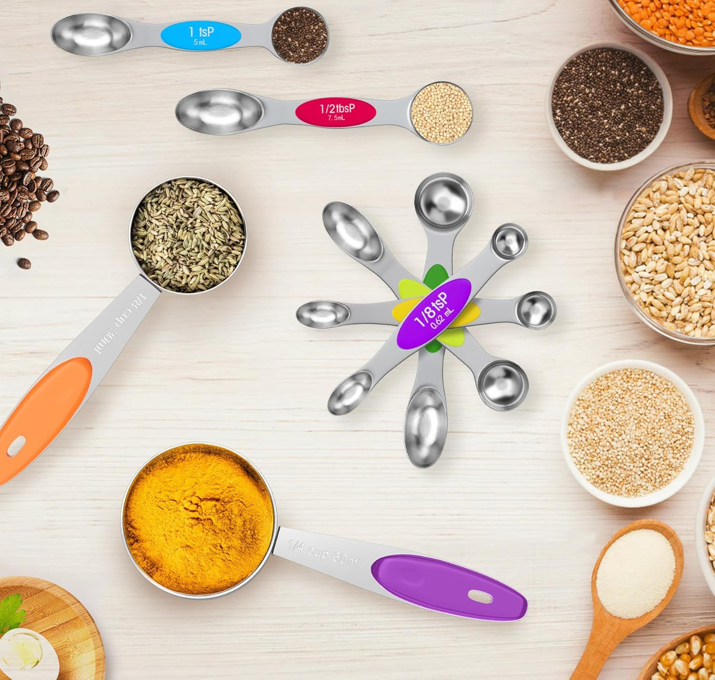 13-Piece Measuring Cups and Magnetic Spoons Set, 5 Stainless Steel Measuring Cups, 7 Double-Sided Magnetic Measuring Spoons & 1 Leveler for Cooking and Baking (5+7+1)