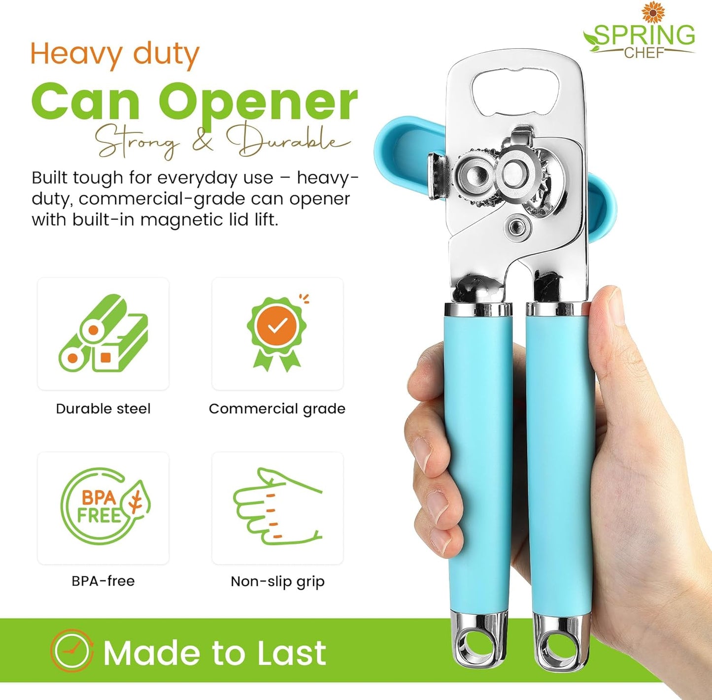 Spring Chef Stainless Steel Can Opener - Manual with Soft Grip Handles, Easy Turn, Heavy Duty Hand Can Openers for Seniors with Smooth Edge - Magnetic Lid Remover - Aqua Sky