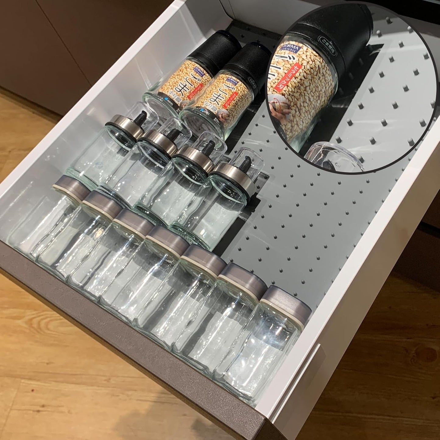 Gosmol Spice Drawer Organizer insert, Adjustable & Non-Slip Silicone Spice Drawer Liner for Seasoning Jars and Spice Bottles, Set of 2-Grey