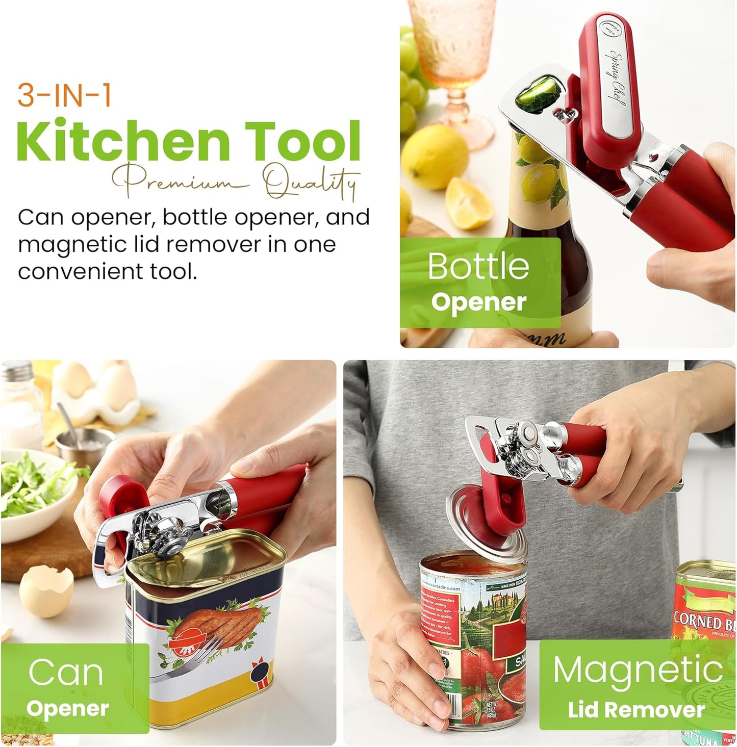 Spring Chef Stainless Steel Can Opener - Manual with Soft Grip Handles, Easy Turn, Heavy Duty Hand Can Opener for Seniors with Smooth Edge - Red