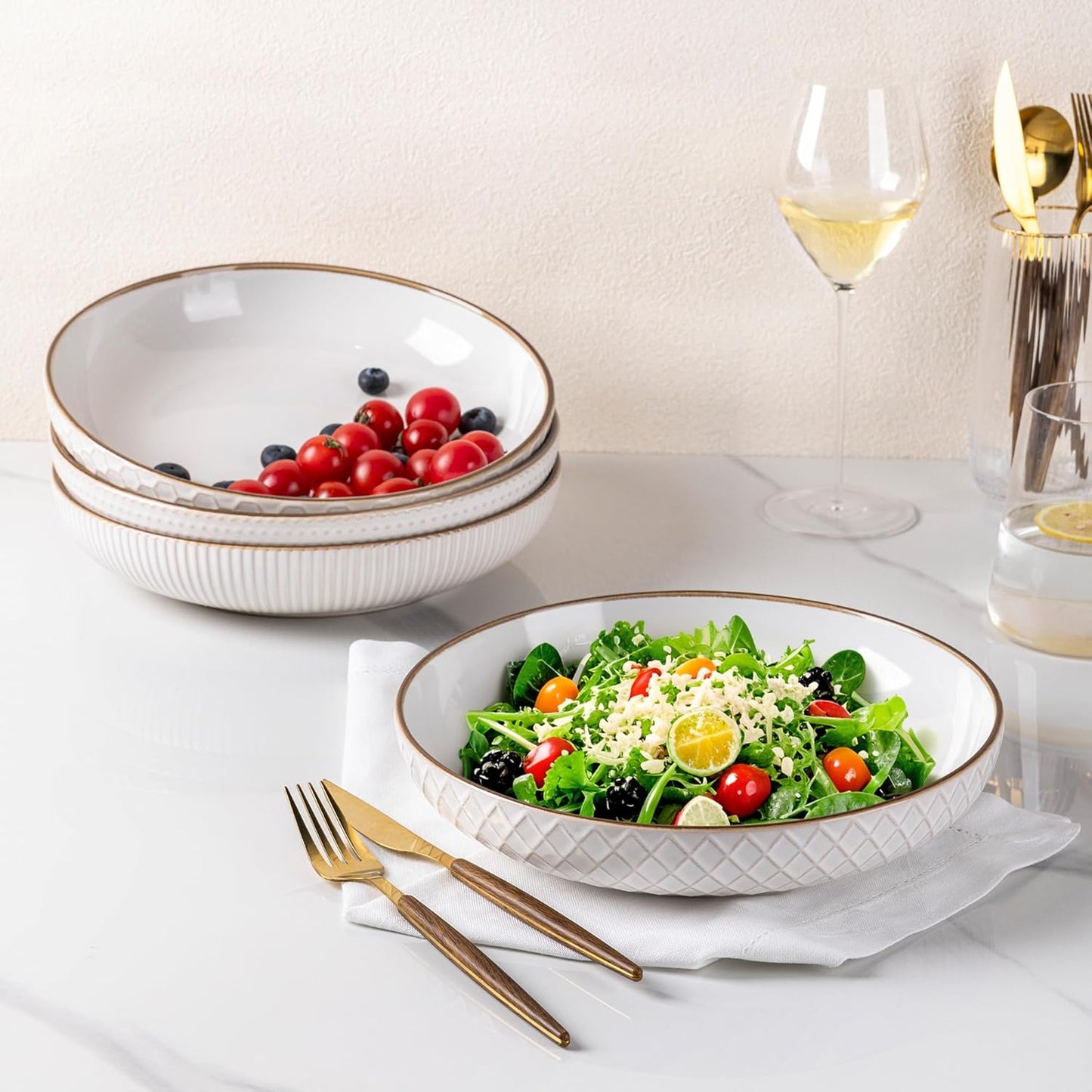 GBHOME 9.5'' Large Pasta Bowls, 42 Ounce Stoneware Salad Bowls for Kitchen, Ceramic Serving Bowls With Textured Pattern for Pasta,Fruit, Stews,Noodle, House-warming Gift,Set of 4-Off White