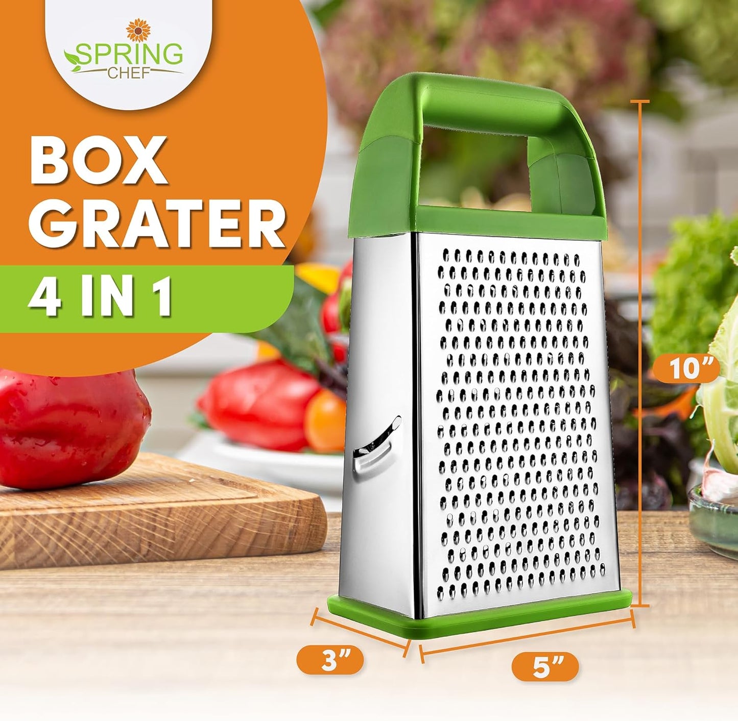 Spring Chef Professional Green 10" Stainless Steel Parmesan Cheese Grater with Handle, 4 Sided Handheld Box Grater, Kitchen Carrot Shredder for Potato, Cheese, Ginger, Vegetables