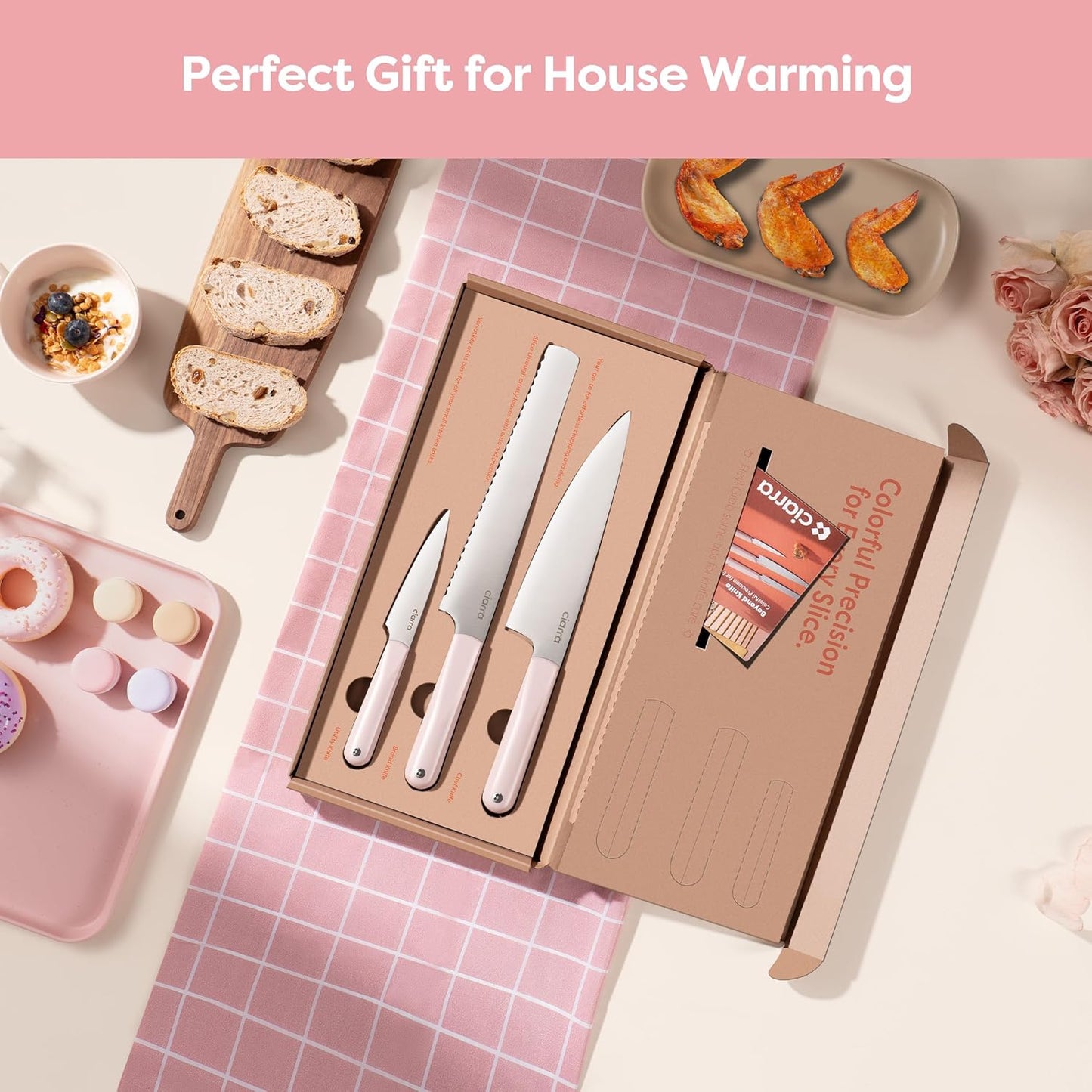 CIARRA Professional Kitchen Knife Set 4 PCS - Chef Knife Set, Bread Knife, Utility Knife, High Carbon Stainless Steel Cooking Knives with Gift Box (Pink)