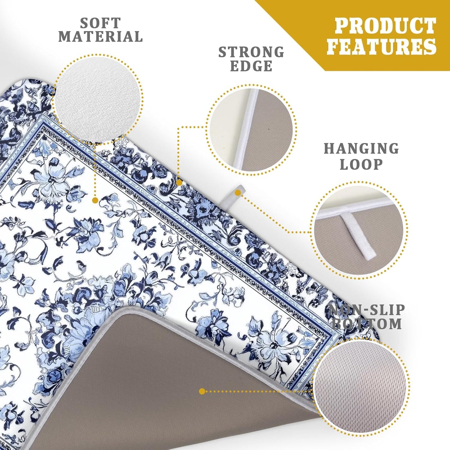 Boho Floral Dish Drying Mat 18x24 Inch Blue Leaves Kitchen Drying Pad Reversible Absorbent Dish Drainer Rack Mats Counter Tableware Decor