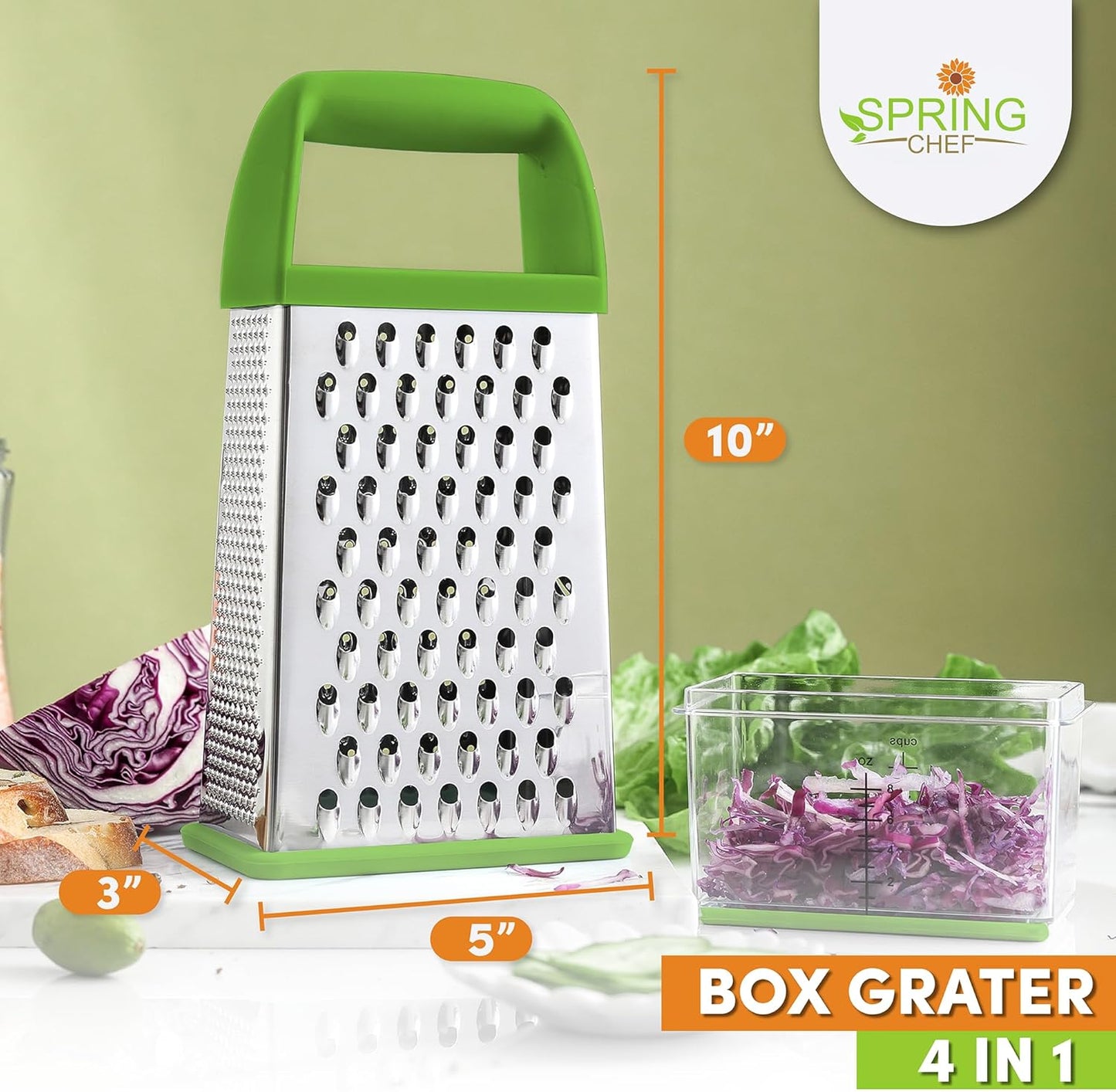 Spring Chef Professional Green 10" Parmesan Cheese Grater With Container, Stainless Steel Food Grater for Kitchen with Handle, 4 Sided Carrot Shredder, Handheld Vegetable & Cabbage Shredder