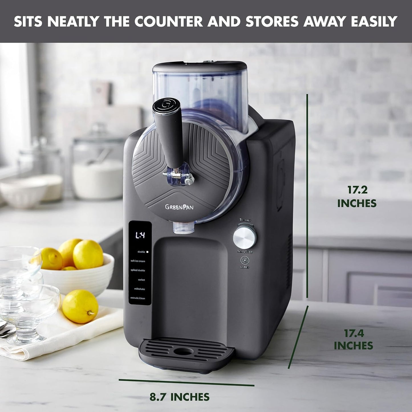 GreenPan Frost Ice Cream Machine & Frozen Drink Maker, Soft Serve, Slushie, Milkshakes & Cocktails, No Freezer Needed, 15-in-1, 7 Textures, Quiet & Rapid, Easy Clean, Family Size, Licorice Gray