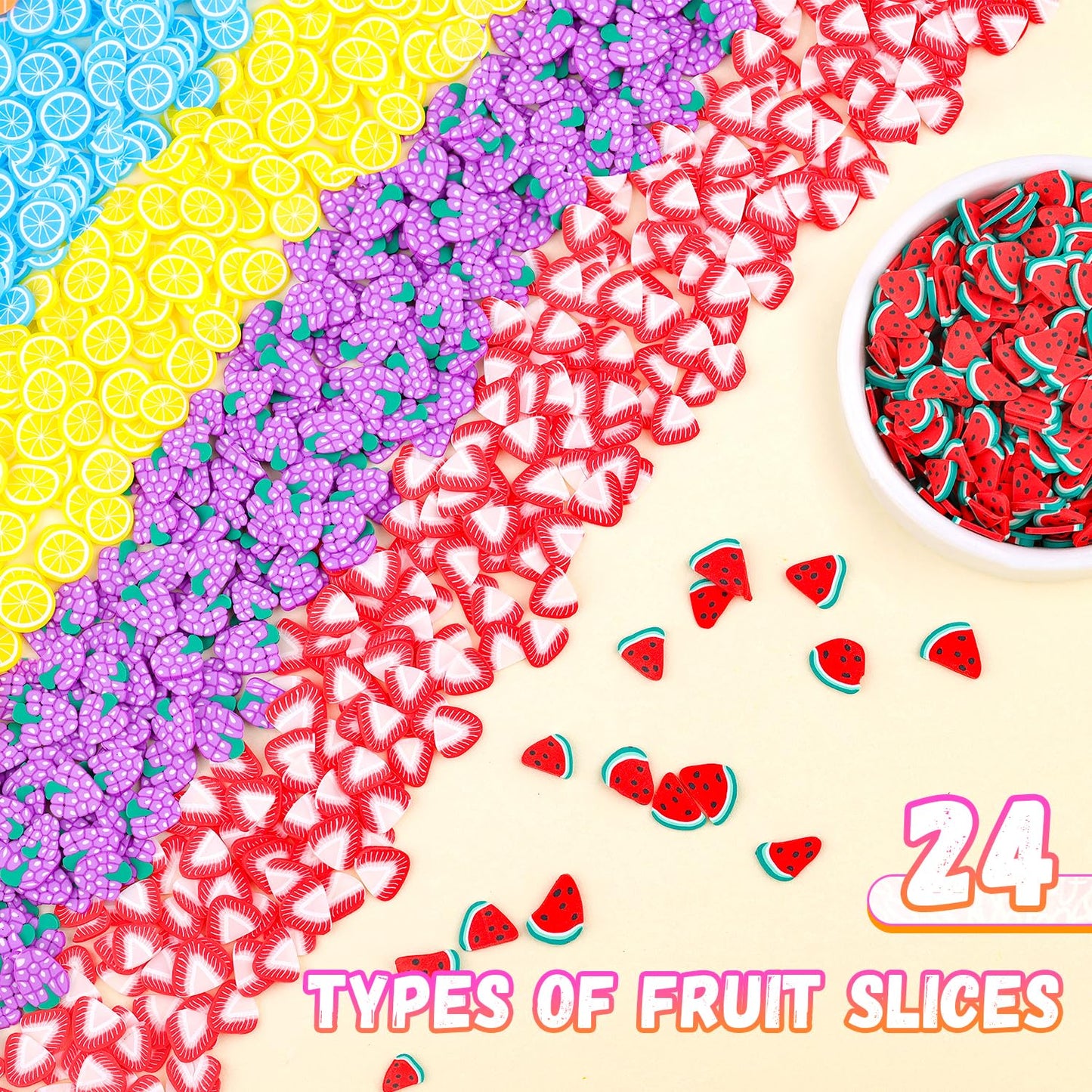 24-Grid Fruit Slice Polymer Clay Cute Slime Add Ins for Nail Art, Kawaii Scrapbooking Embellishments & Lip Gloss, Cellphone Decorations Bulk Slime Mix Ins Assorted Fruits Accessories for DIY Crafting