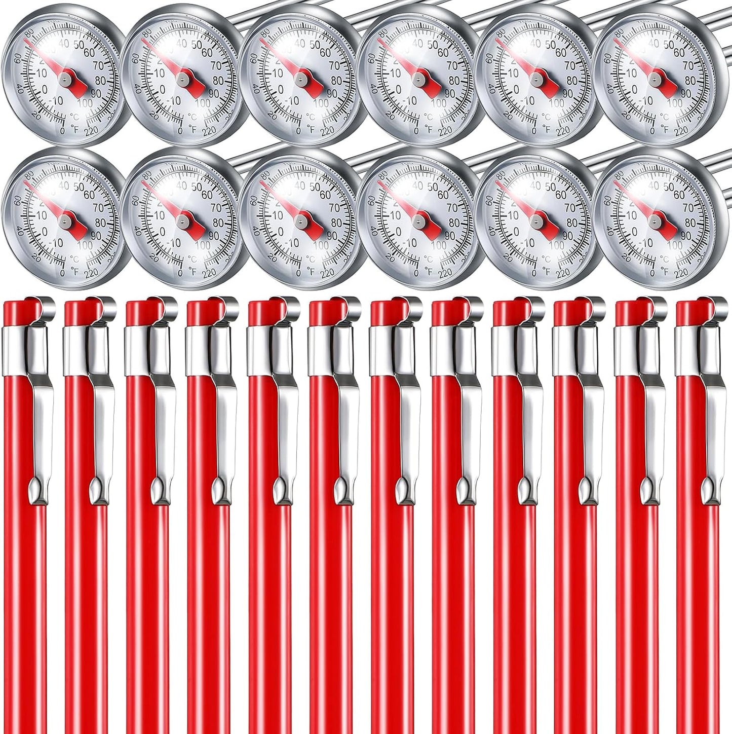 Xuhal 12 Pcs Stainless Steel Kitchen Thermometer with 5 Inch Long Stem 1 Inch Dial Thermometer Milk Frothing Food for Oven Probe Meat Grill BBQ Cooking Chocolate Water (Red)