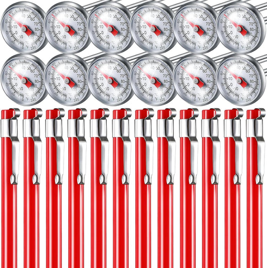 Xuhal 12 Pcs Stainless Steel Kitchen Thermometer with 5 Inch Long Stem 1 Inch Dial Thermometer Milk Frothing Food for Oven Probe Meat Grill BBQ Cooking Chocolate Water (Red)