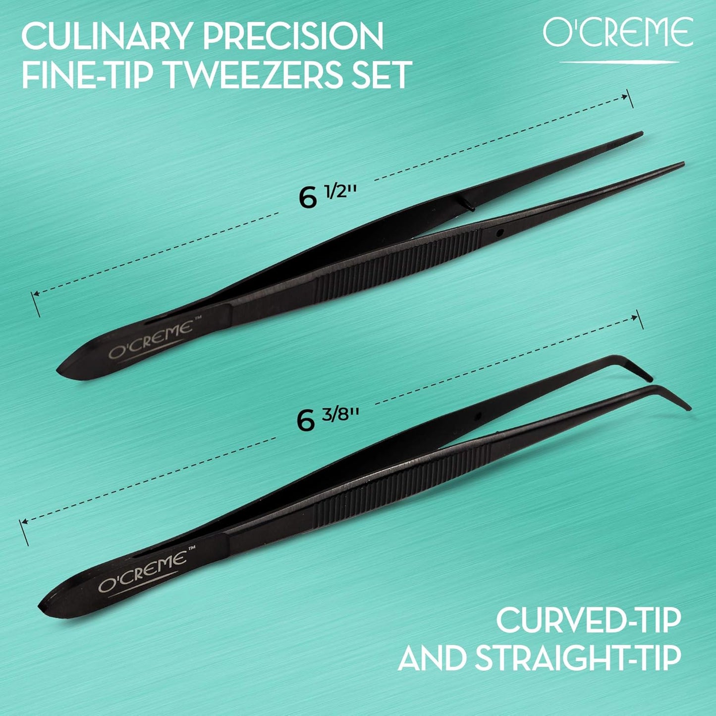 O'Creme Black Stainless Steel Precision Kitchen Culinary Fine-Tip Tweezer Tongs, 1 Curved and 1 Straight