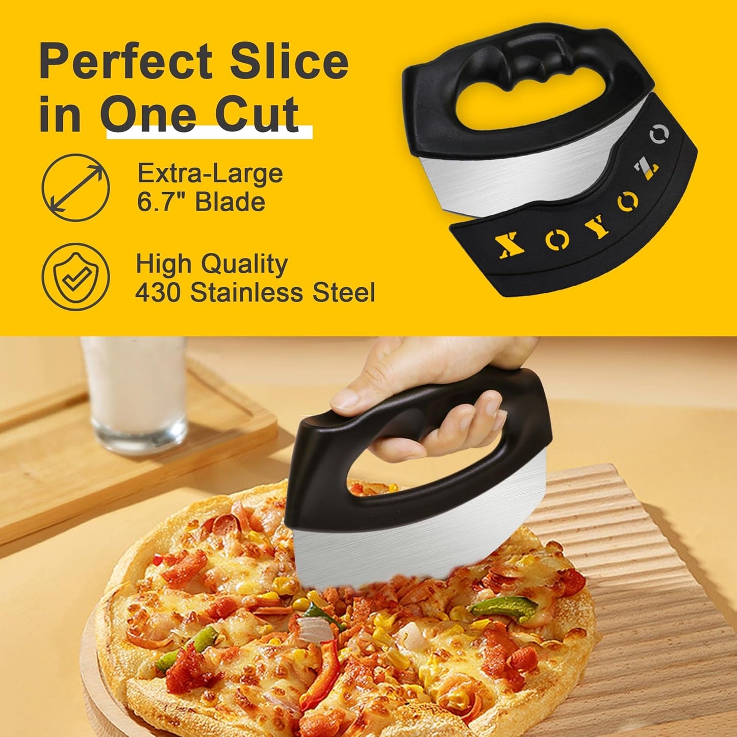 XoYoZo Pizza Cutter Salad Chopper Large Stainless Steel Blade with Cover, Dough Rocker Mezzaluna Knife for Kitchen Gadgets