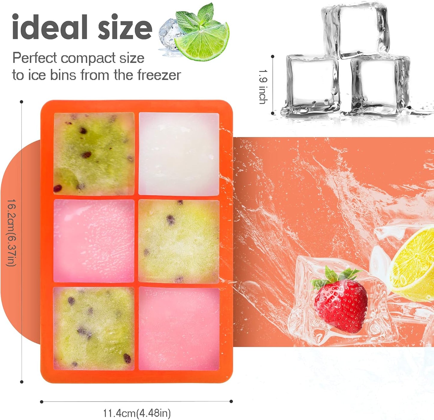 Silicone Ice Cube Trays with Lids,Large Square Ice Cube Molds for Freezer, Whiskey, Cocktail, Stackable Flexible and Reusable & Easy Release BPA Free (2 Pack&Dark Gray and Orange)