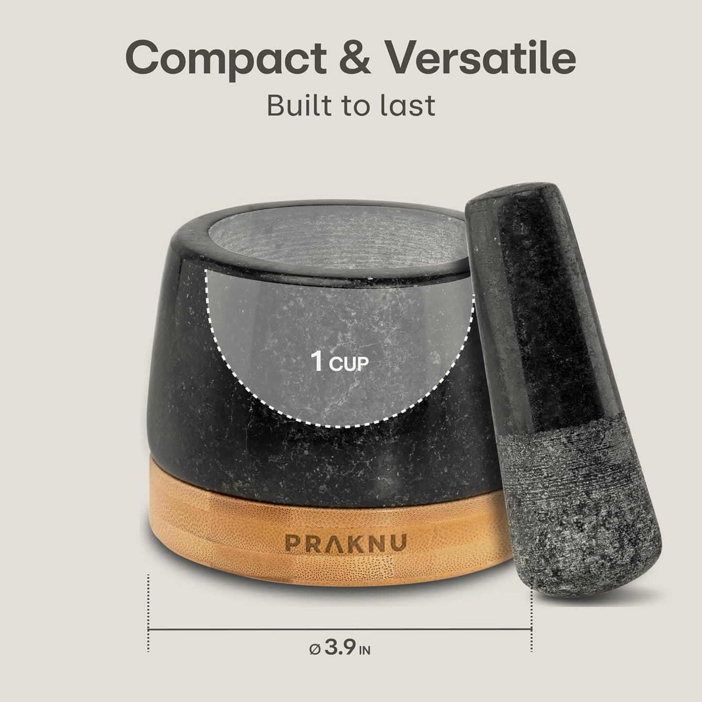 Mortar and Pestle Set Small - Heavy-Duty 1 Cup Stone Grinder for Spices, Herbs & Guacamole - Durable Granite - Non-Slip Wooden Base - Effortless Grinding & Easy to Clean