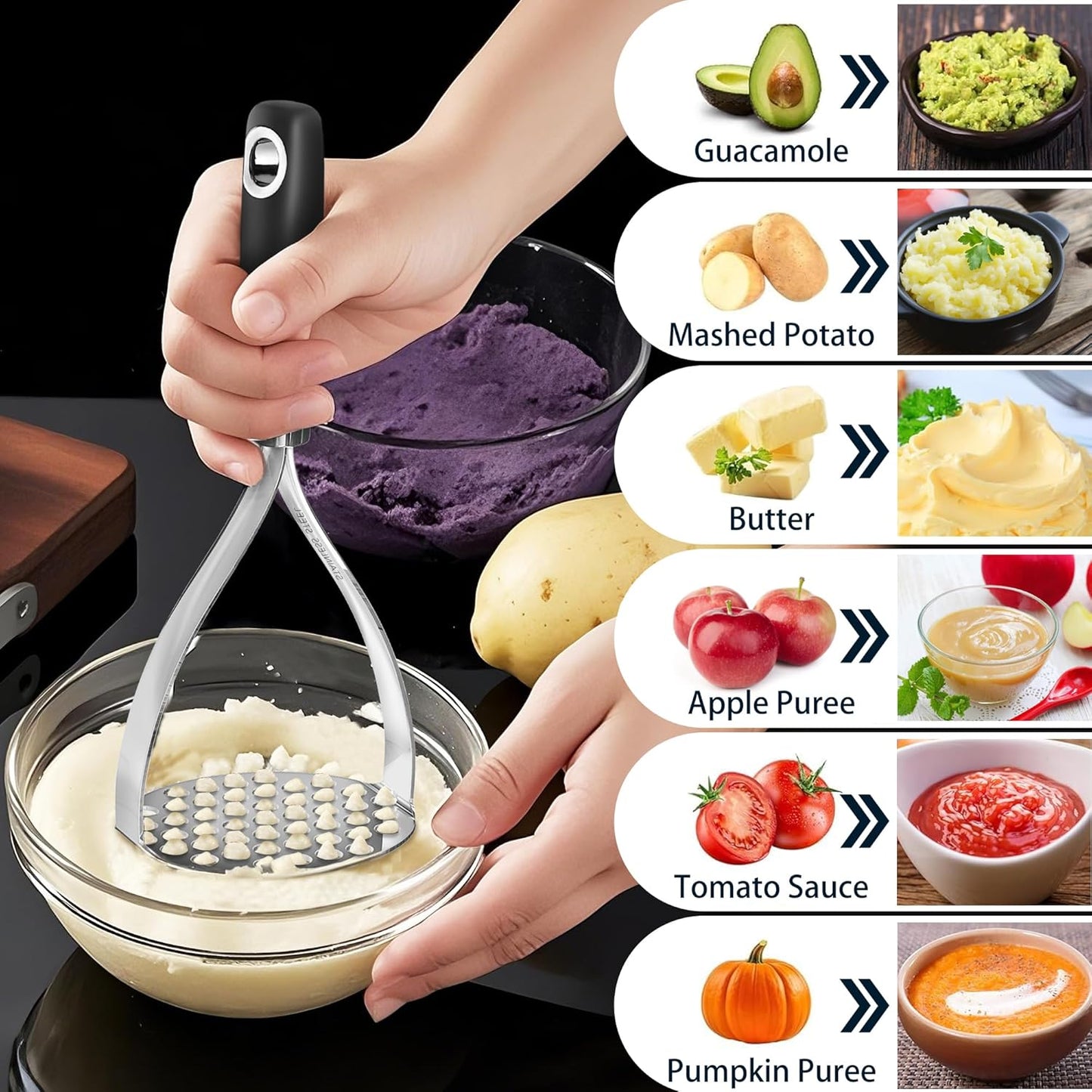 18/0 Stainless Steel Potato Mashers, 10.3-inch, Non-slip Handle, Kitchen Tool for Avocado Vegetable Sauce Butter Pumpkin Puree Bean, Dishwasher Safe, Pack of 2