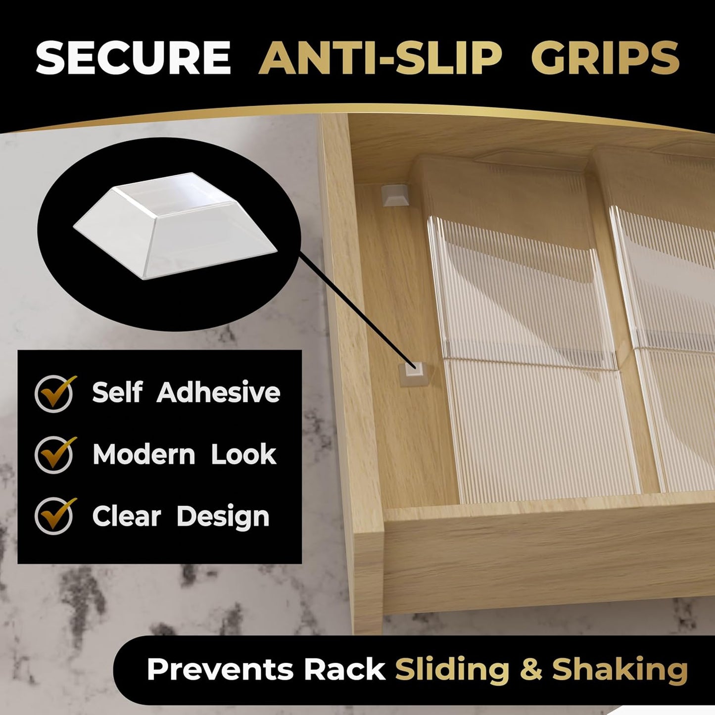 LEVANI Spice Drawer Organizer – 3 Large Tiers, Anti-Slip Grips, Narrow to Standard Drawer Size - Expandable from 8 – 15 inches Wide, Clear Durable Acrylic Spice Rack, No Sliding in Kitchen Drawers