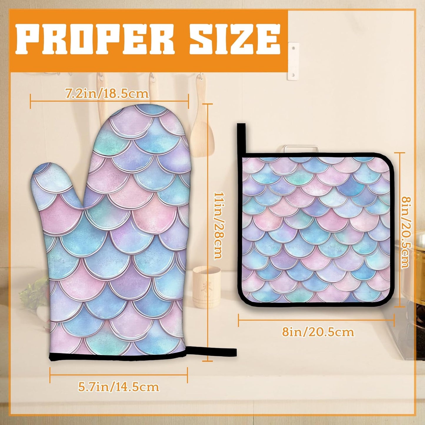 Pink Fish Scales Oven Mitts and Pot Holders Set,Mermaids Kitchen Decor Heat Resistant Non Slip Hot Pads and Oven Mitt for Chef Cooking Baking BBQ Mom Girl Gifts(4 Piece Set)