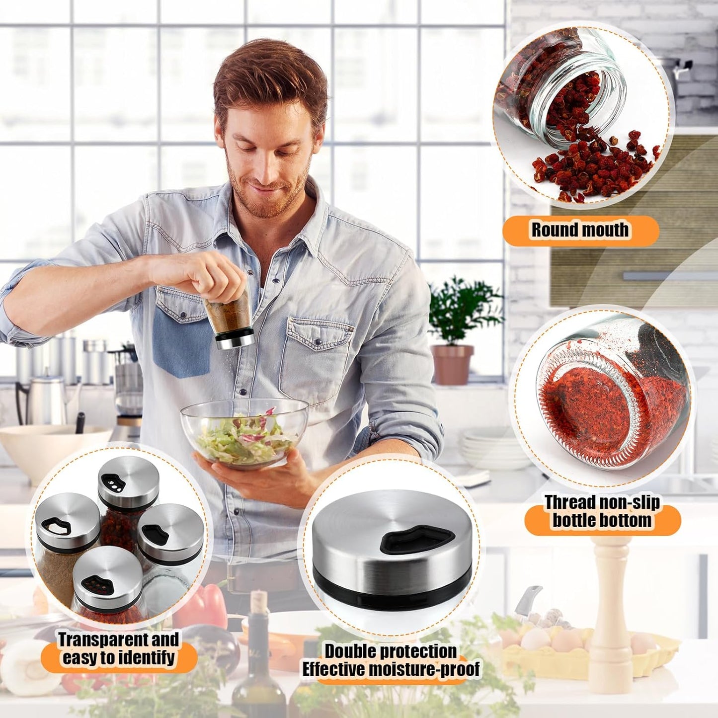 Zhehao 10 Pcs Salt Pepper Shakers Set with Adjustable Pour Holes Stainless Steel Spice Dispenser 6oz Clear Glass Seasoning Containers for Kitchen Restaurant Home BBQ Camping Farmhouse Accessories