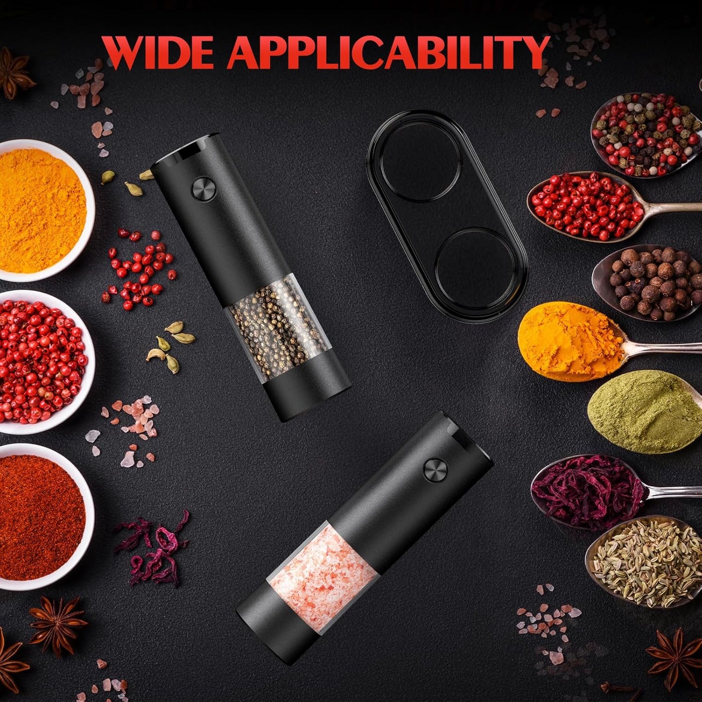 Electric Salt and Pepper Grinder Set Automatic Battery Pepper Mill Shakers Adjustable Coarseness Easy Filling Upgraded Larger Capacity with Led (2 Pack Black/Black）