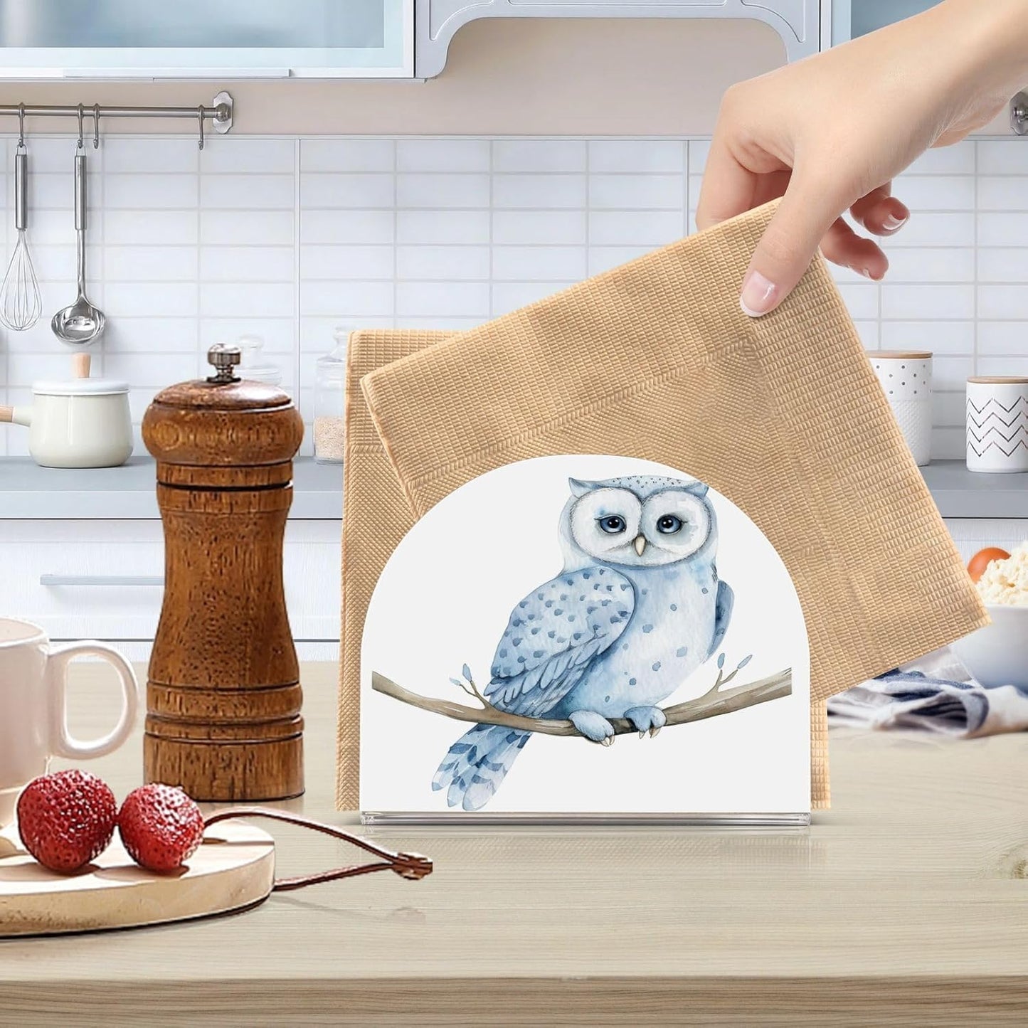 Blue Owl on Branch Napkin Holder for Table Paper Napkins Holder Acrylic Tissue Dispenser Kitchen Dining Room Bathroom Party Car Decor
