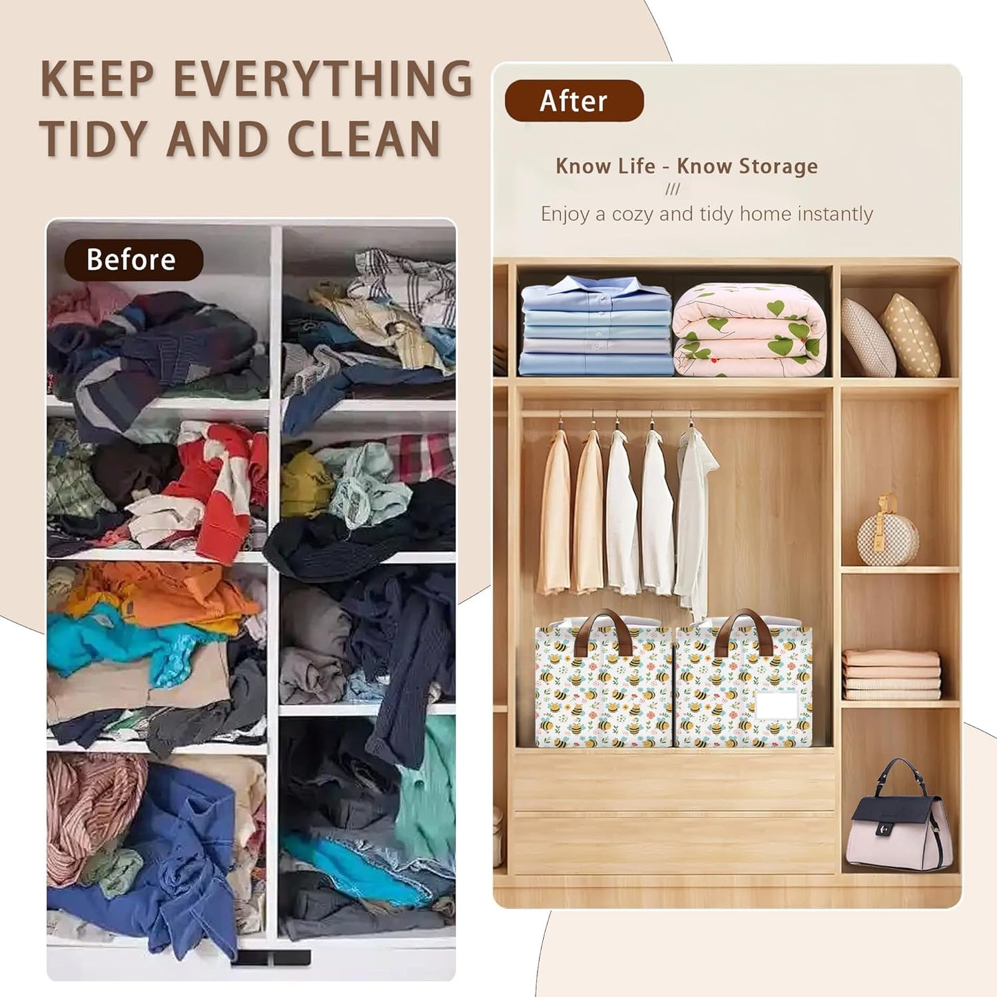 Honeybee Floral Storage Basket Large 17x11.5x10.5 Inche-Collapsible Fabric Organizer Bin with Handles for Garden Decor, Nursery, Spring Theme-Decorative Hamper with Botanical Insect-Single Pack