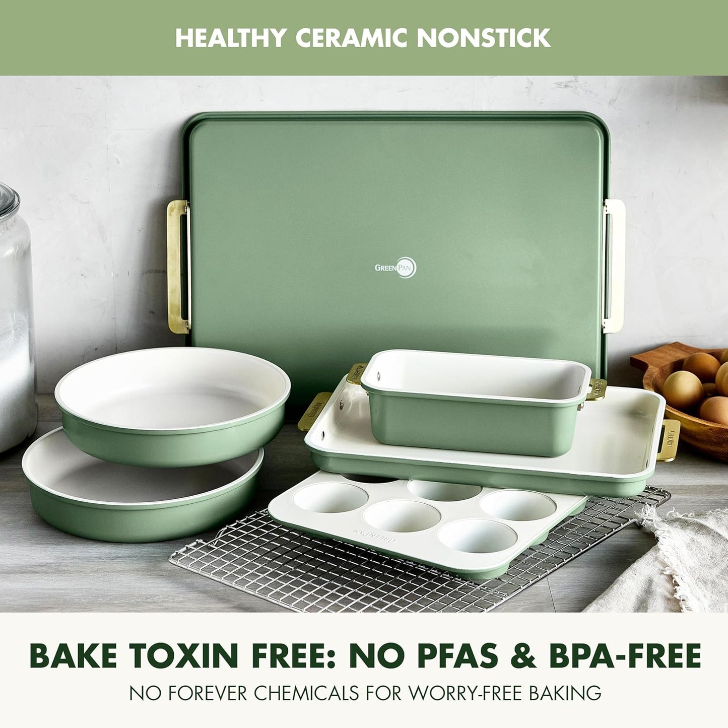 GreenPan Bakeware Set, 7 Piece Nonstick Ceramic Gold Handle Baking Sheets, Cake Pans, Loaf Pan, Muffin Tin, Cooling Rack, PFAS & BPA Free, Freezer to Oven Dish, Bake & Roast Ovenware, Sage Green