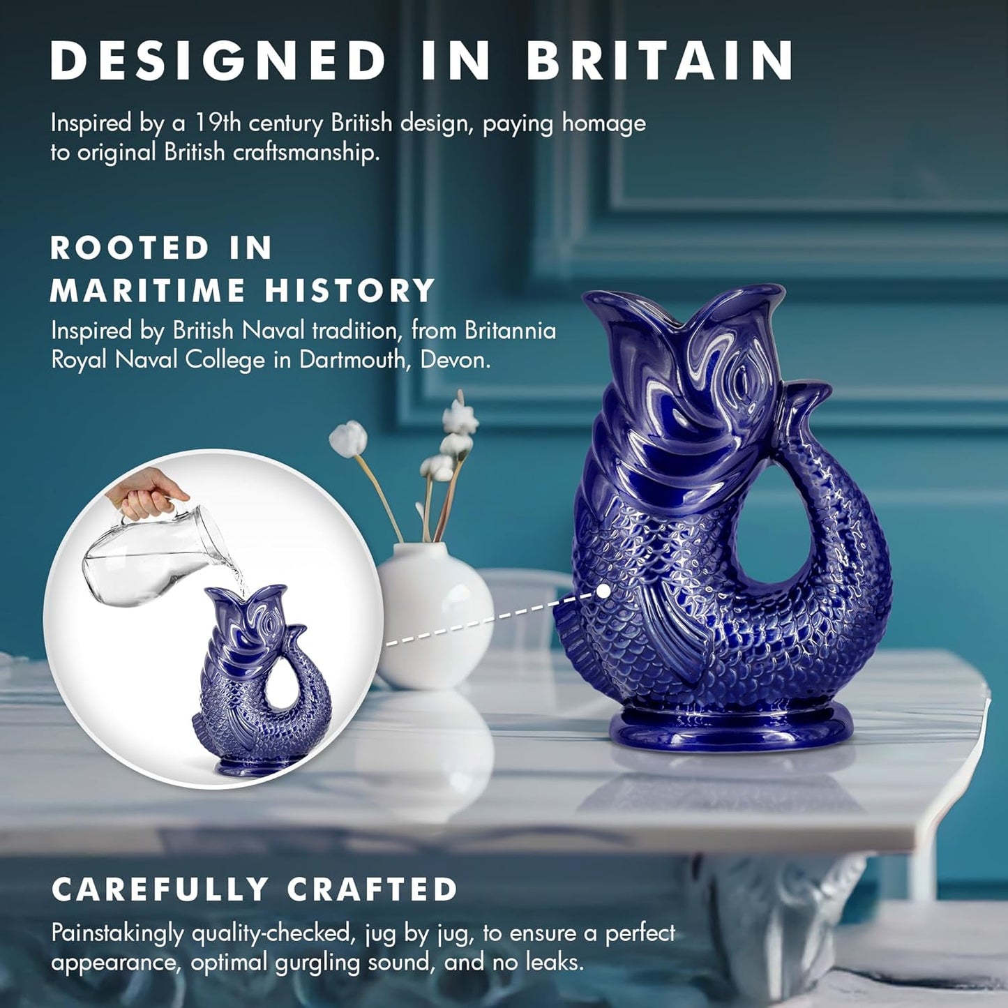 Gurgle Glug Jug The Bubble Jug® Duck Egg 50 fl oz 1.5L Litre Extra Large Pitcher - Fish Shaped Jug - Decorative Ceramic Glugging Cocktail, Water and Gin Vase and Gurgling Carafe Pot