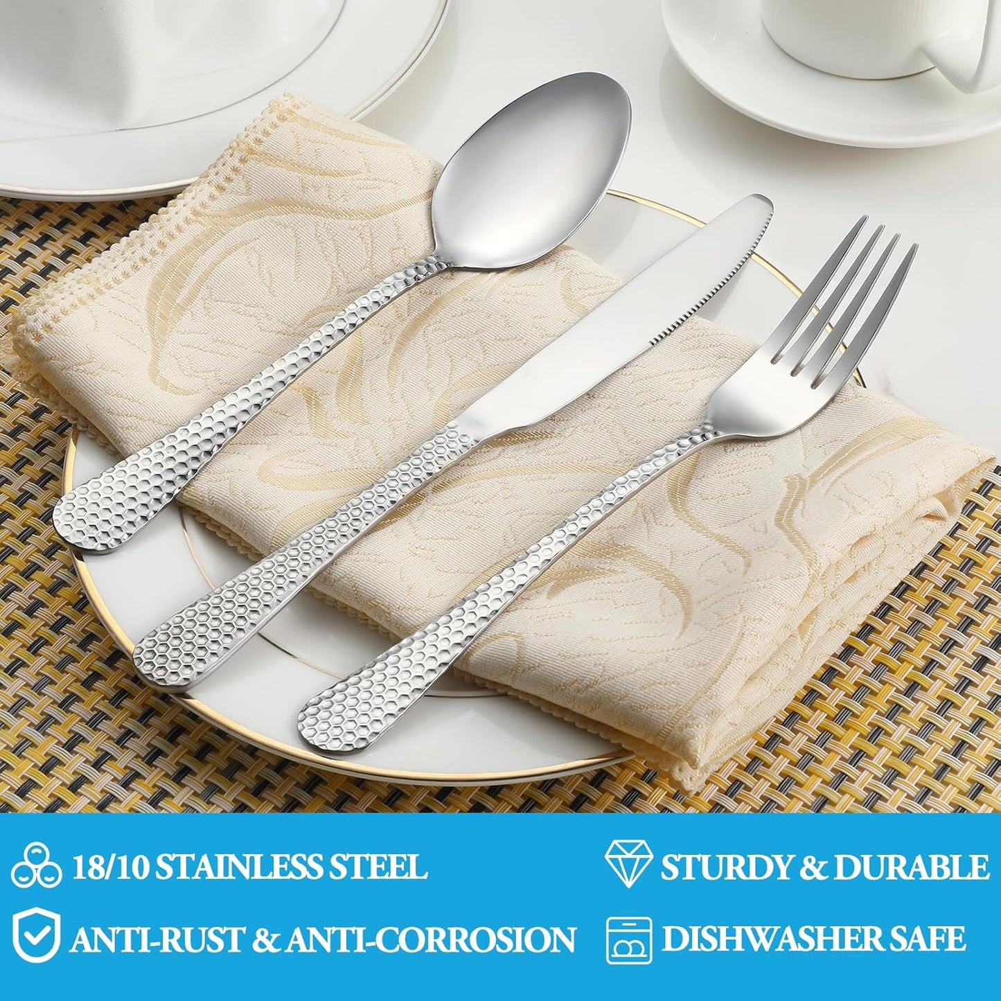 30 Pcs Hammered Silverware Set Service for 6,Stainless Steel Flatware Set,Mirror Polished Cutlery Utensil Set,Durable Home Kitchen Eating Tableware Set,Include Fork Knife Spoon Set,Dishwasher Safe