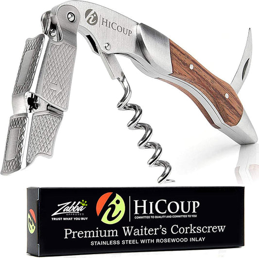 Hicoup Wine Opener - Professional Corkscrews for Wine Bottles w/Foil Cutter and Cap Remover - Manual Wine Key for Servers, Waiters, Bartenders and Home Use - Stainless Steel With Rosewood