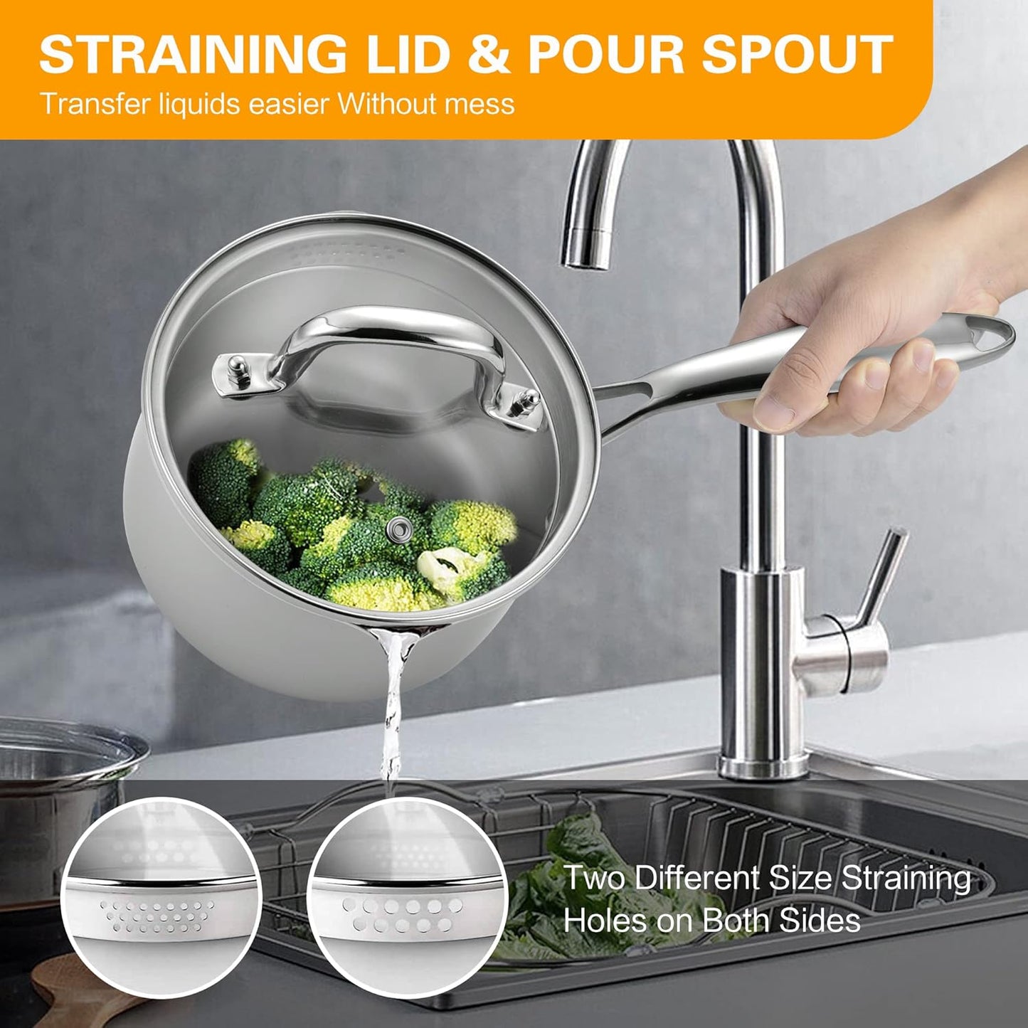 Cyrosa 2.5 Quart Saucepan with Strainer Lid, Stainless Steel Sauce Pot, Sauce Pan for Stove Top, Two Side Spouts for Easy Pour, Dishwasher Safe