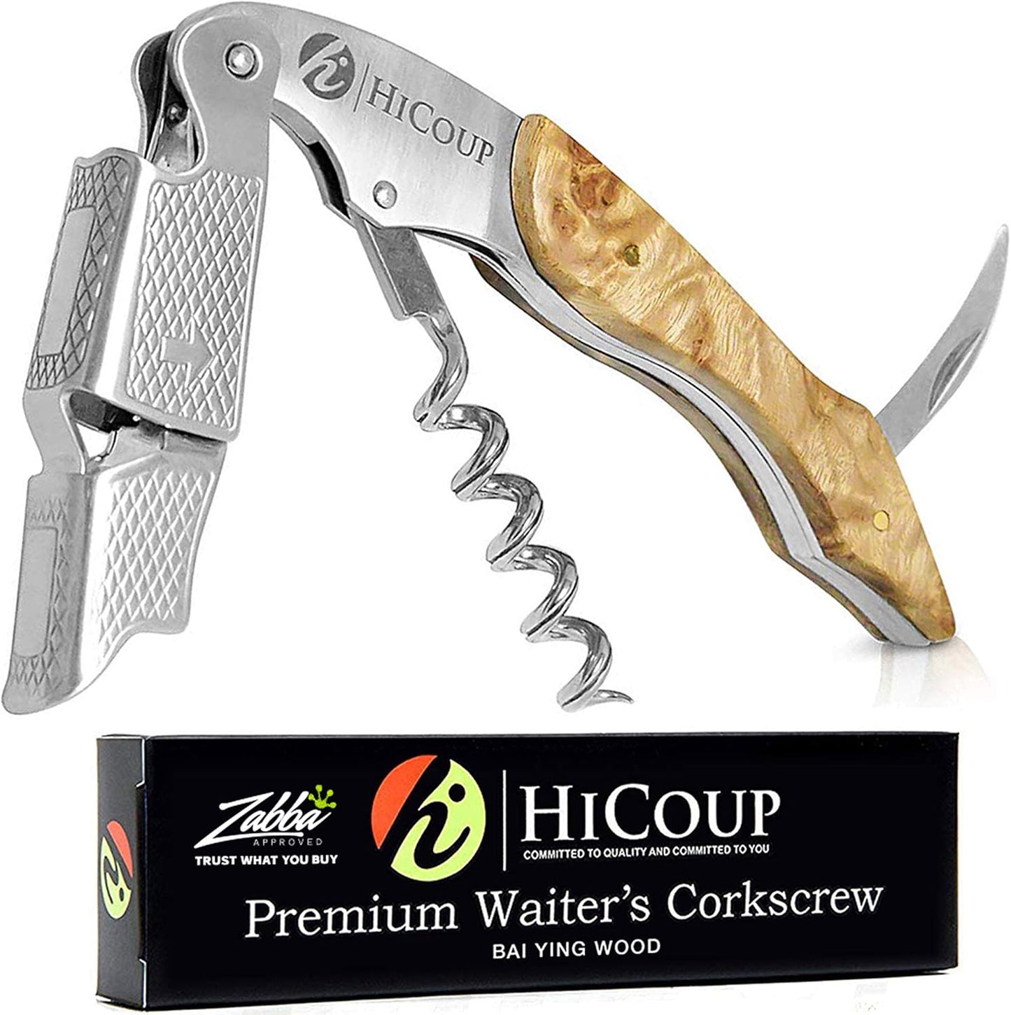 Hicoup Wine Opener - Professional Corkscrews for Wine Bottles w/Foil Cutter and Cap Remover - Manual Wine Key for Servers, Waiters, Bartenders and Home Use - Wood, Bai Ying