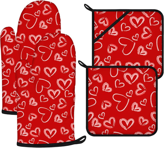 White Love Hearts Oven Mitts and Pot Holders Sets 4Pcs,Extra Long Oven Gloves Potholder for Kitchen Cooking Baking BBQ 100% Cotton Heat Resistant