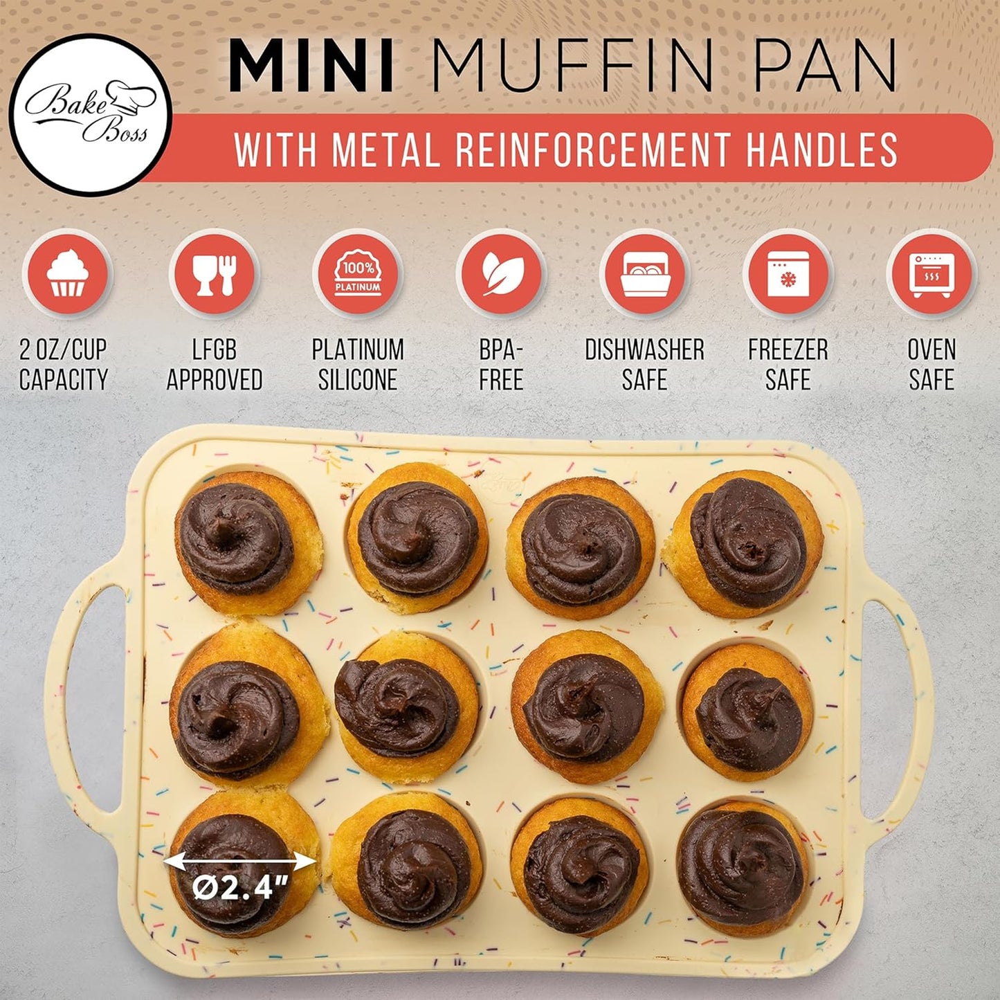 Silicone Mini Muffin Pan 12 Count – Non-Stick Muffin Pans for Baking, BPA-Free Silicone Cupcake Pans for Baking, Easy Release, Metal Handles, Oven & Dishwasher Safe