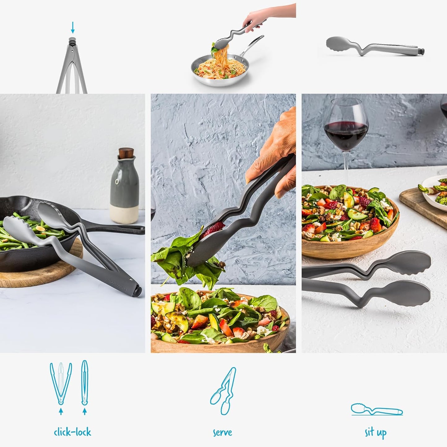 Dreamfarm Clongs Lite Nylon Kitchen Cooking Tongs with Click-Lock Open & Close - 10.5" Gray