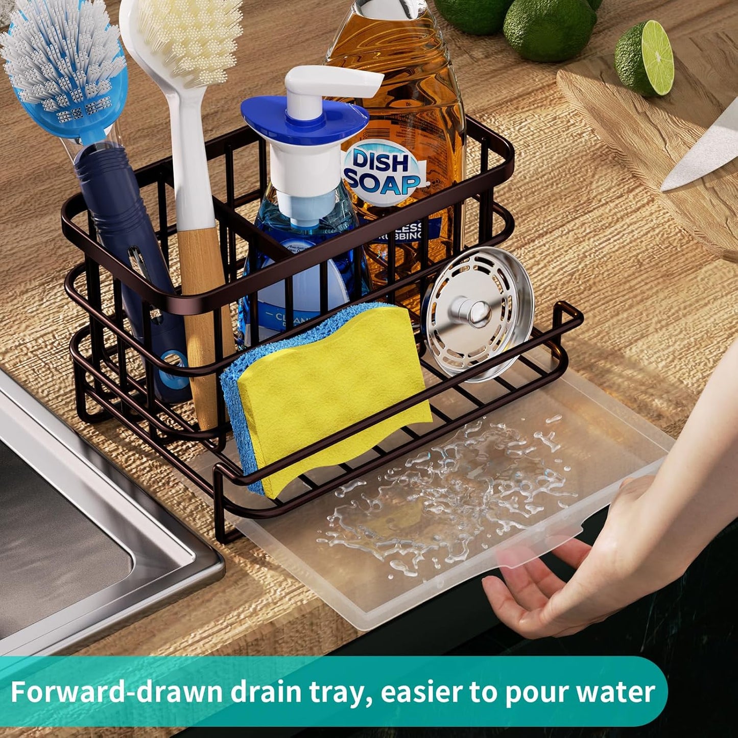 HapiRm Multifunctional Kitchen Sink Caddy with Removable Drain Tray, Quick Draining Rustproof Sink Organizer, Stainless Steel Kitchen Sponge Holder for Sponge, Cleaning Towel and Scrubber-Bronze