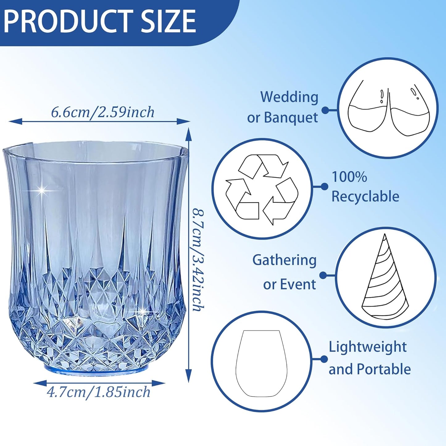 24 PCS Blue Stemless Wine Glasses，Plastic Reusable Cups 9OZ Vintage Drinking Glasses Tumblers for Whisky, Beer, Juice, Beverages, Cocktai