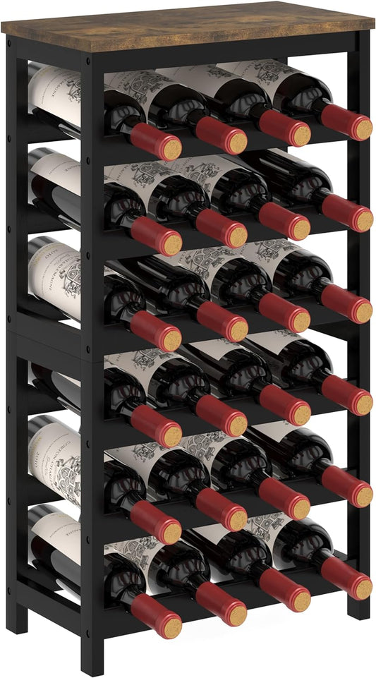 6 Tier Bamboo Wine Rack Freestanding Floor, 24 Bottles Wine Storage Shelves with Table Top, Stackable Wine Display Rack for Kitchen, Bar, Dining Room, Rustic Brown and Black