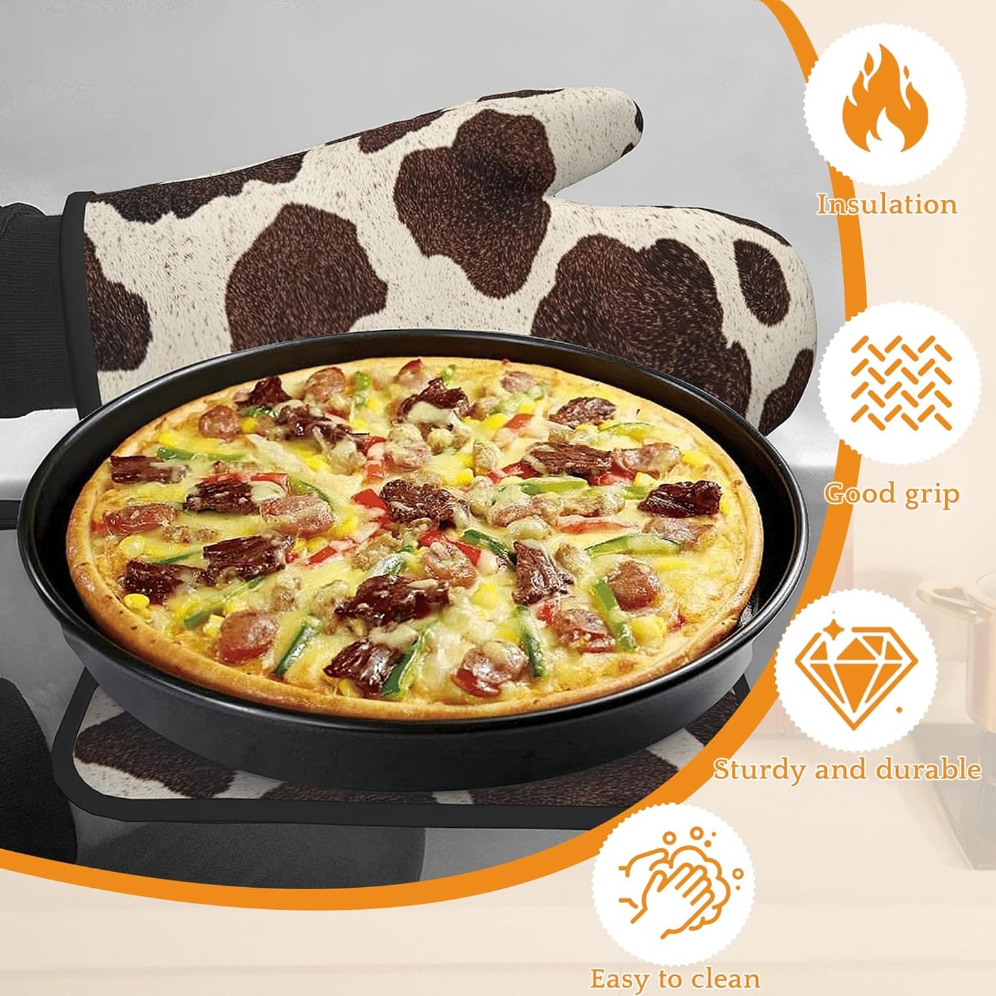 Brown Cowhide Oven Mitts and Pot Holders,Cow Skin Heat Resistant Oven Mitts Gloves and Pot Holder for Home Kitchen Decorations Cooking Baking BBQ Gifts,Set of 4