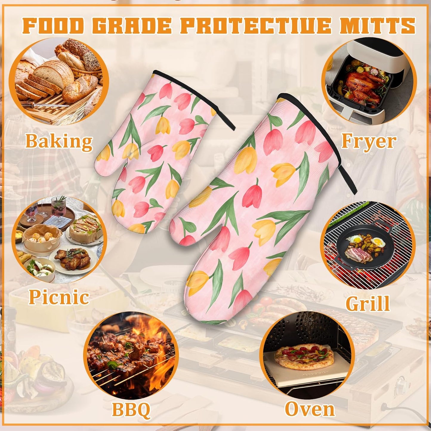 Pink Tulip Oven Mitts and Pot Holders Set,Spring Summer Kitchen Decor Heat Resistant Non Slip Hot Pads and Oven Mitt for Chef Cooking Baking BBQ Mom Girl Gifts(4 Piece Set)