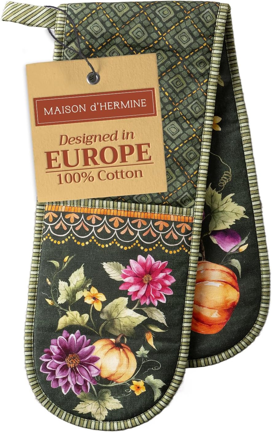 Maison d' Hermine Double Oven Mitts 100% Cotton 7"x35" Double Oven Mitt Heat Resistant BBQ Cooking Gloves with Loop, Baking, Grilling, Home, Kitchen, Handling Hot Pans (Pumpkin Garden - Dark Green)