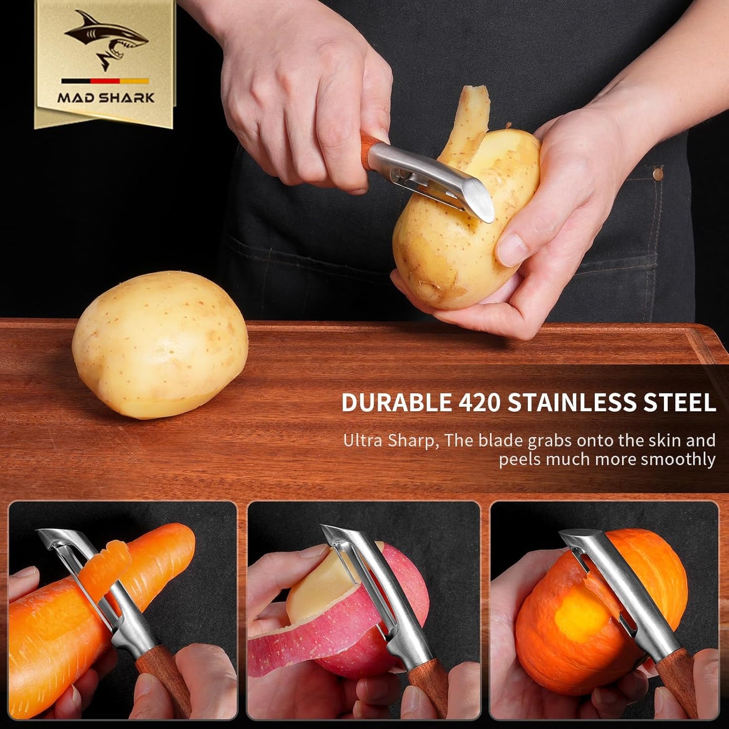 MAD SHARK Ultra Sharp Potato Peelers for Kitchen,Vegetable Peeler,Fruit Peeler Easy to Use Rosewood I Peeler Non-Slip Ergonomic Grips for Carrot, Veggie,Cucumber, Apple(3 Years Warranty)
