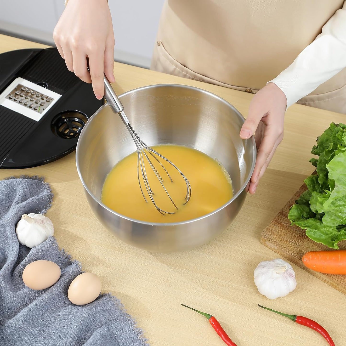 supernal Salad Spinner Stainless Steel Large,Vegetable Washer with 5.3 Qt Bowl,Salad Chopper Bowl,Nesting Bowls with Graters,Large Mixing Bowl Bowls for Kitchen With 5 Grater