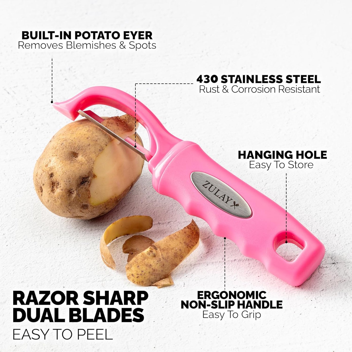 Zulay Kitchen Premium Vegetable Peeler for Kitchen - Swivel Peeler with Razor Sharp Stainless Steel Blades & Strong Ergonomic Handle - Dishwasher Safe, Easy To Use with Blemish Remover - Pink